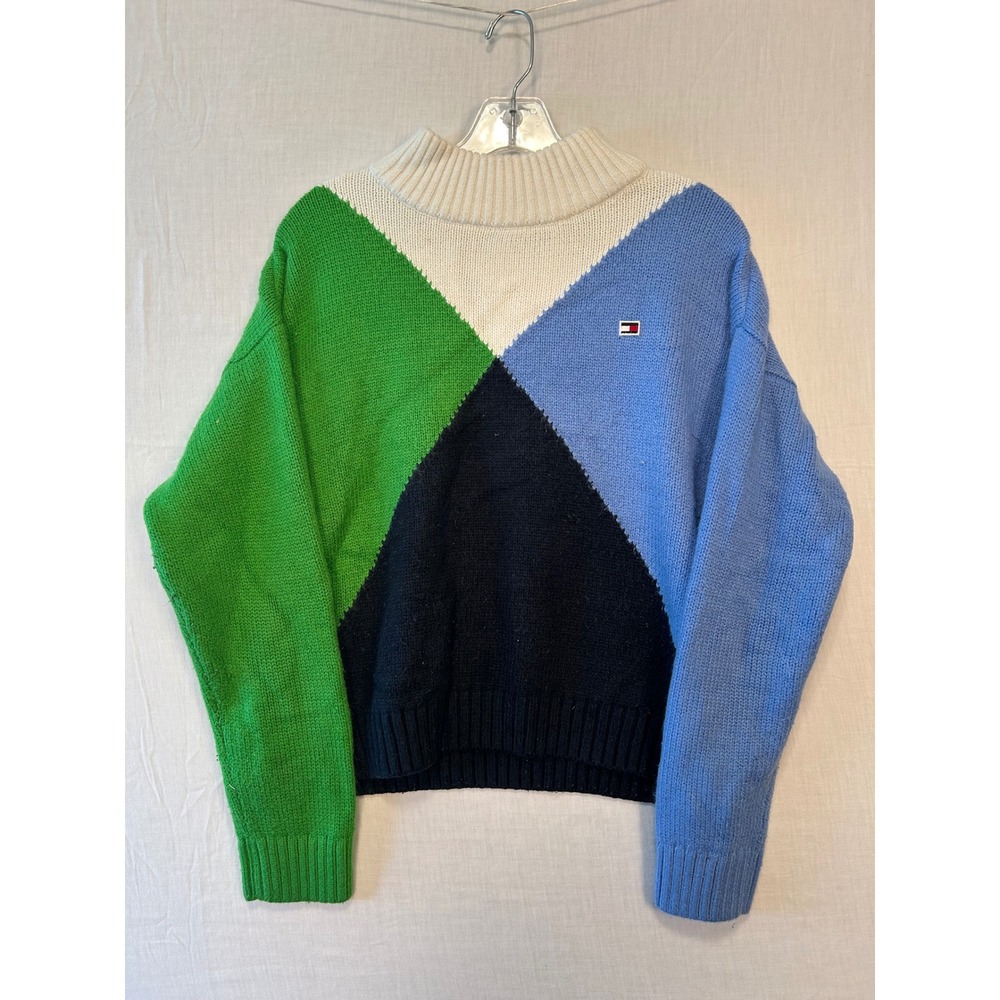 Tommy Hilfiger Womens Colorblock Mock Neck Geometric Sweater Green Blue Large